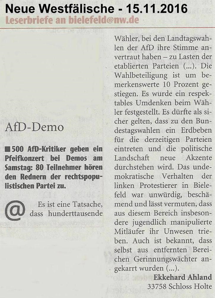 NW Leserbrief vom 15.11.2016 zur AfD Gegendemo