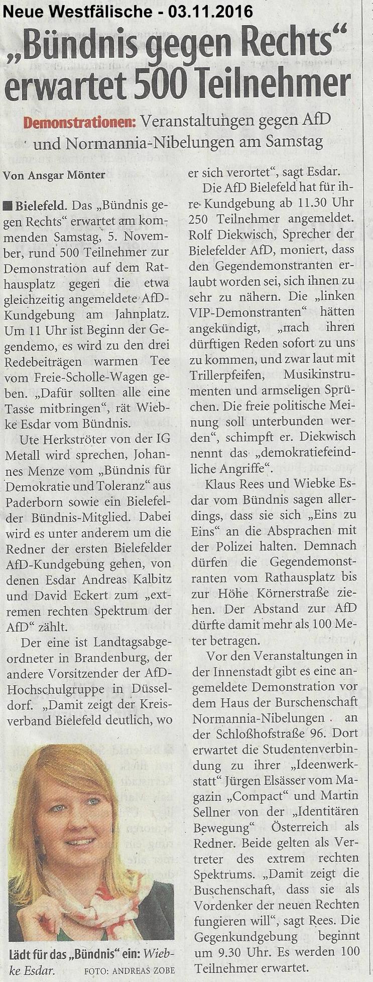 NW Artikel vom 03.11.2016 „Bündnis gegen Rechts“ erwartet 500 Teilnehmer
