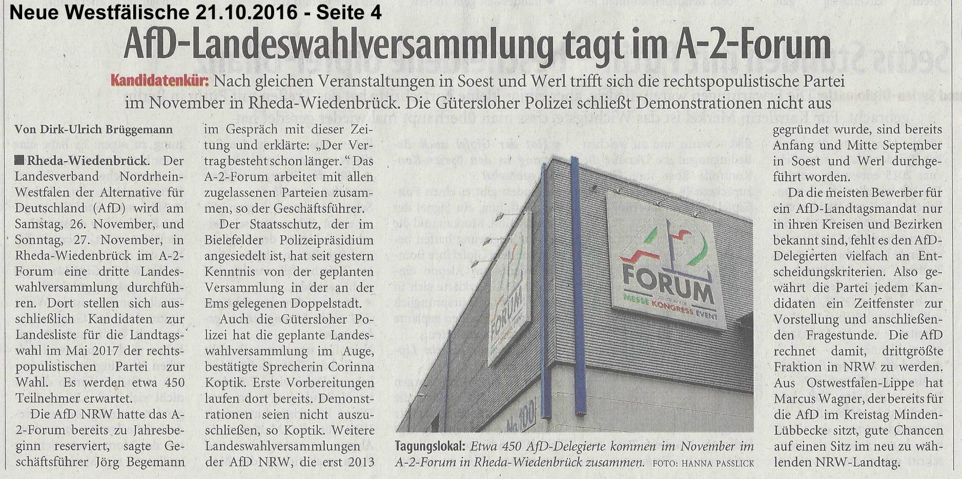 NW Artikel vom 21.10.2016 – AfD Landesversammlung tagt im A-2-Forum
