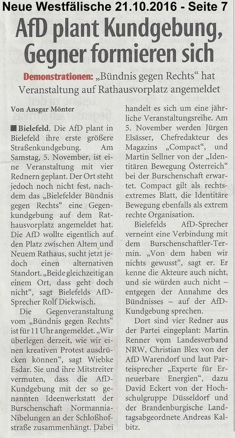 NW Artikel vom 21.10.2016 AfD plant Kundgebung, Gegner formieren sich
