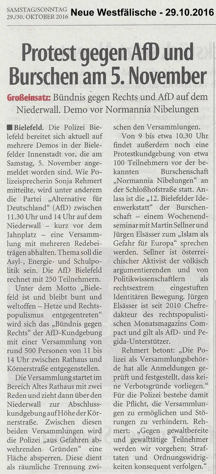 NW Artikel vom 29.10.2016 Protest gegen AfD und Burschen